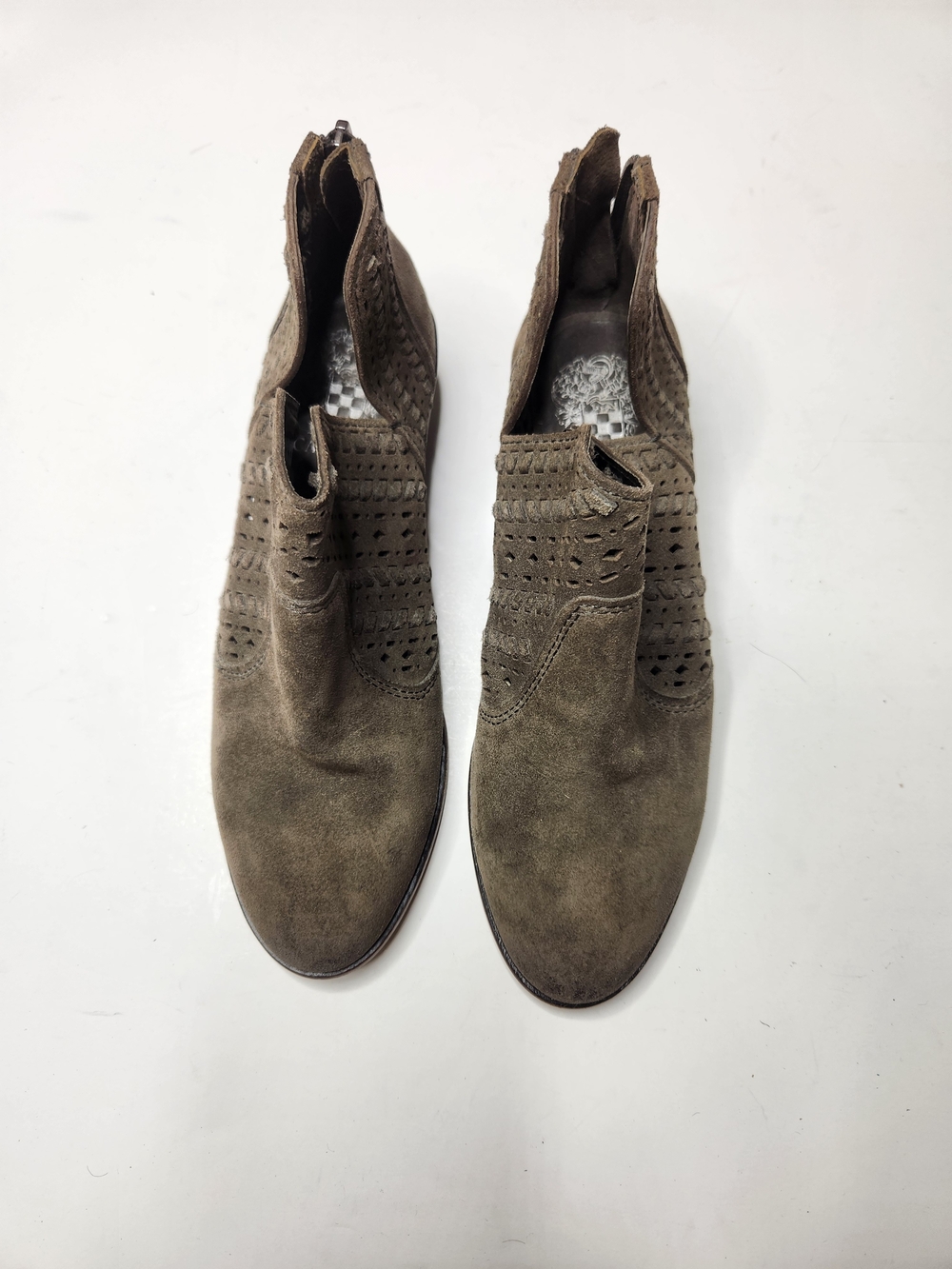Vince Camuto Olive Taupe Suede Laser-Cut Ankle Booties - Picture 3 of 7